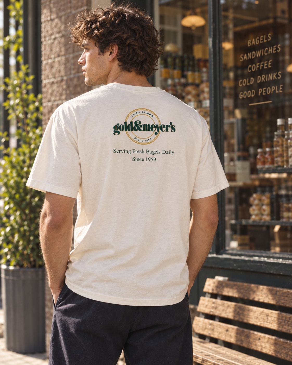 Shared back placement for this tee: the Gold & Meyers house mark with Serving Fresh Bagels Daily Since 1959 beneath