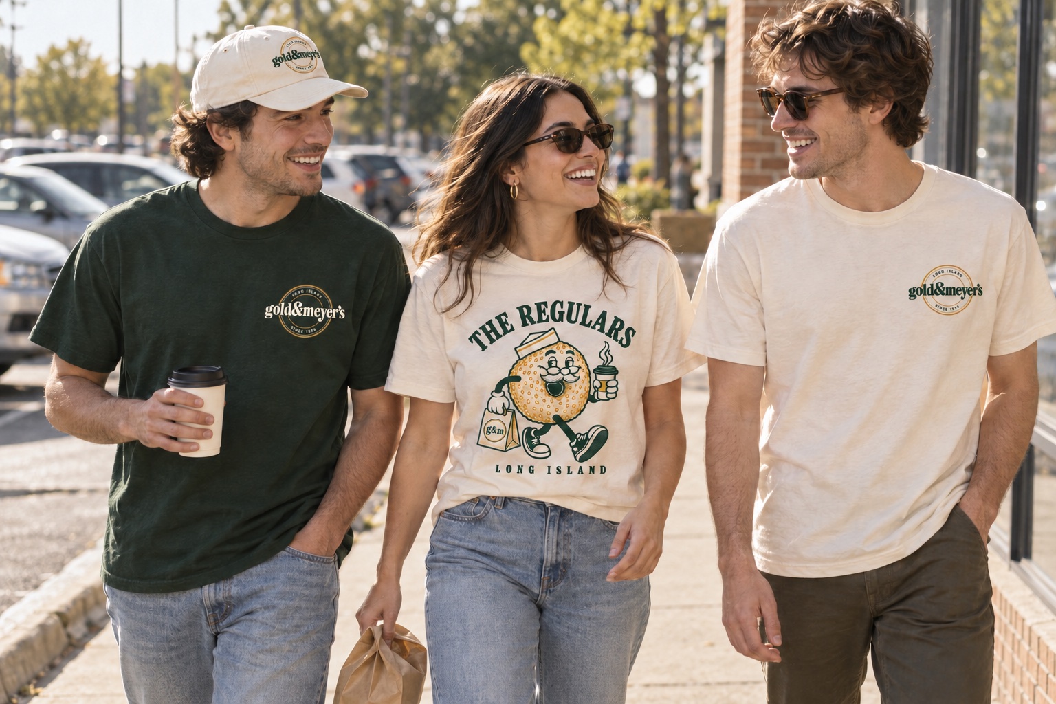 Three adult models wearing Goldy and Gold & Meyer’s logo tees with a logo cap